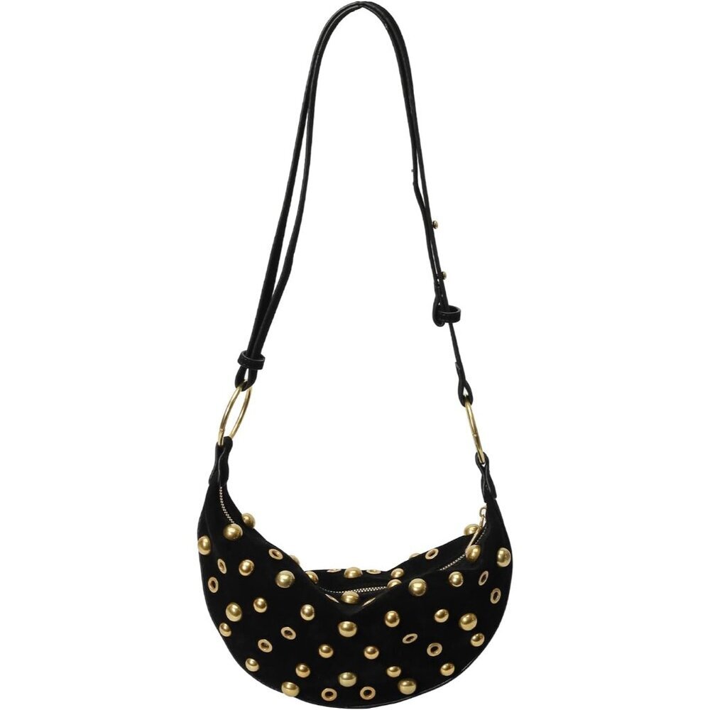 Unique Studded Faux Suede Shoulder Bag – Adjustable Hobo Purse for Women